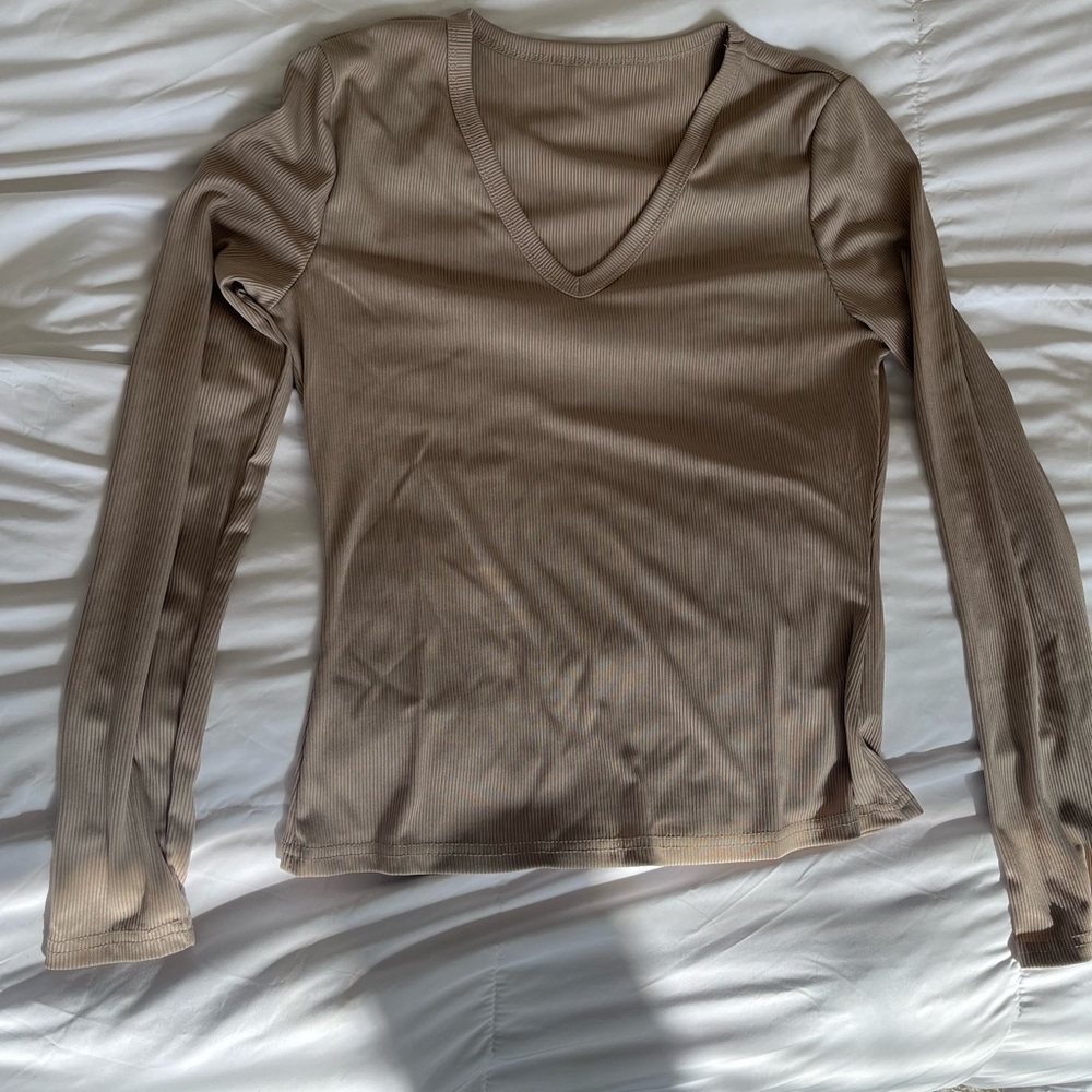 SHEIN V-Neck Long Sleeve Ribbed Top - Brown